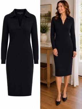 Ralph Lauren Black Label Merino Wool Collared Sweater Dress Black Size S